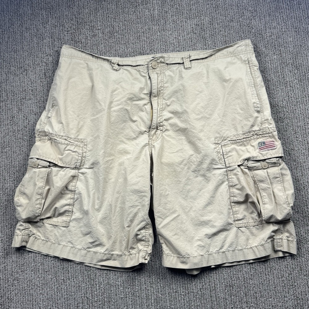 VTG Polo Jeans Co Ralph Lauren Mens 42 Cargo Shorts Lightweight Khaki USA Flag